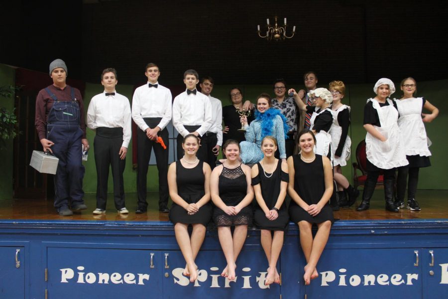 The cast of Acting Can Be Murder performed in two productions Friday, November 30 and Sunday, December 2. Pictured left to right in back row are August Biernbaum, Cooper Meadows, Chase Knoblett, Evan Holscher, Blake Knoblett, Kelsey Lanham, Abbey McCord, Summer Agan, Braeton Davis, Katie Lanham, Jade Monroe, Destinee Mahlmeister, and Marissa Lanham.  In front are Krescene Holscher, Lindsay Ryan, Makinley Bonesteel, and Halle Piper.