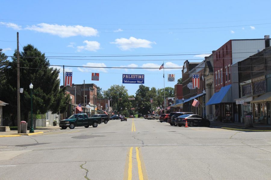 Main Street in Palestine, Illinois is ready for the busy upcoming Labor Day weekend.  Palestine has been home to the Pioneer City Arena PRCA Rodeo for 52 years.