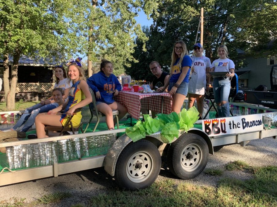 Sophomores show off their Homecoming float.  The float was awarded second place in the float competition.
