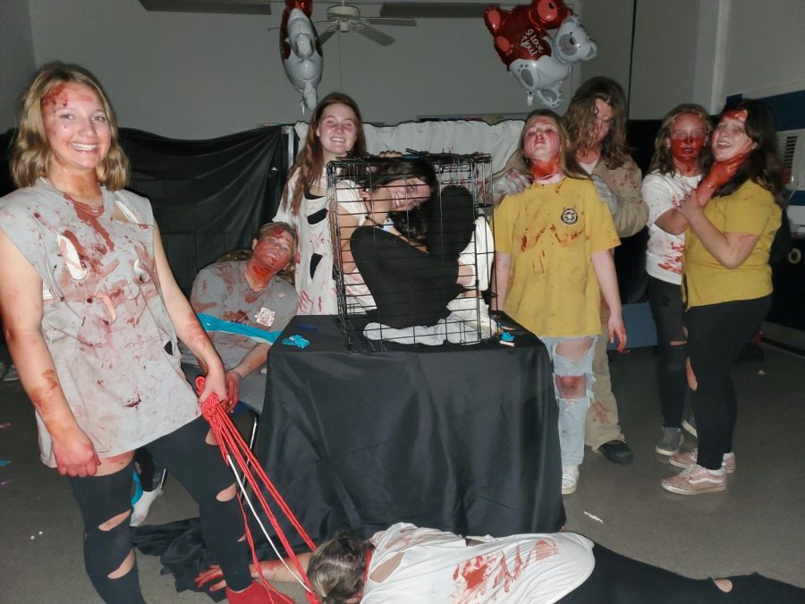 PHS students Michaela Fuller, Alivia Beabout, Jaylee Hyre, Jeremiah Wagner, Addison McNair, and Caitlyn Drury and several younger sisters and friends scared visitors to the Valentines Day room.  The room was a crowd favorite during the Haunted Halls October 29th.
