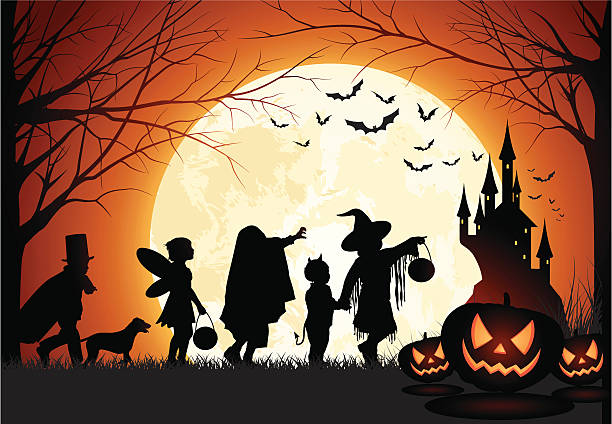 Vector illustration of childrens silhouette trick or treat.