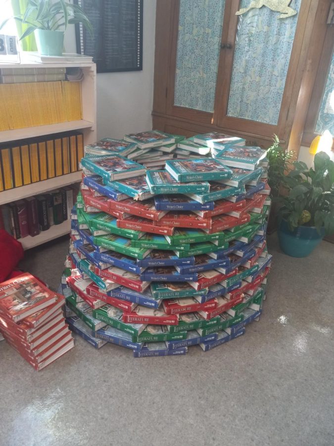 This is the book Christmas tree. It a tree made of Mrs. Hyde Books