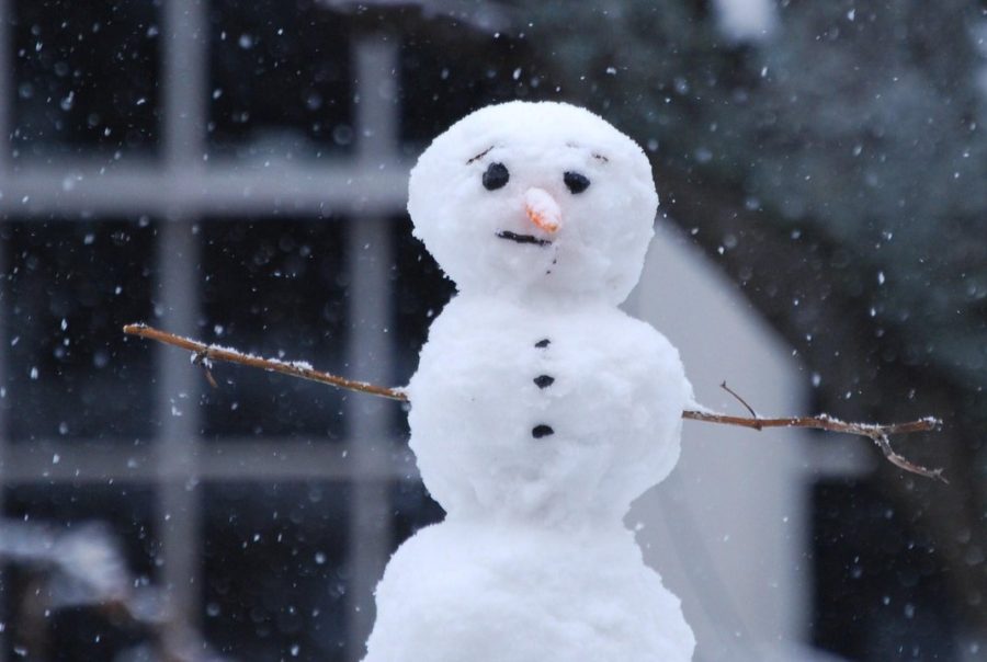 A cute little snowman out in the snow.