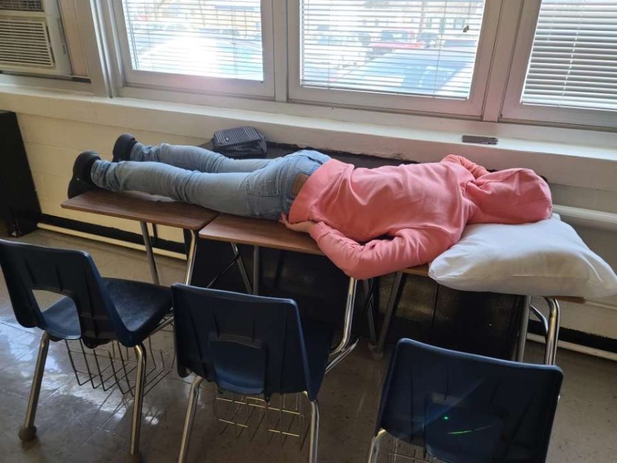 A student sleeping during lunch.