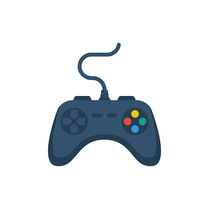 Joystick flat icon. Playing online. Gamepad cartoon icon. Game controller. Cybersport concept. Console gamepad. Vector illustration flat design. Isolated on white background.