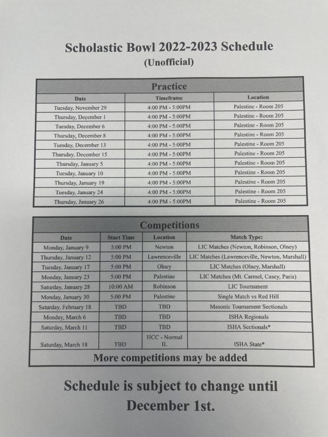 Photograph of the practice/game schedule of the 2022-2023 season