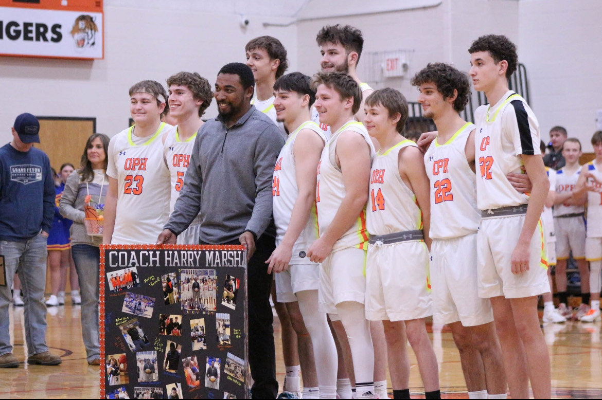 OPH Seniors presenting a gift to Coach Marshal