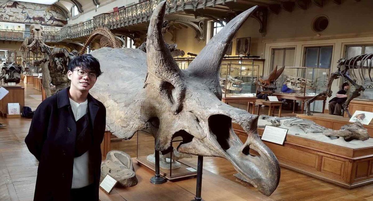 Seishiro Tada with fossilized Triceratops – SWNS